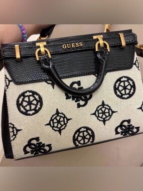 GUESS Black and Cream  Mini Logo-Embroidered Satchel